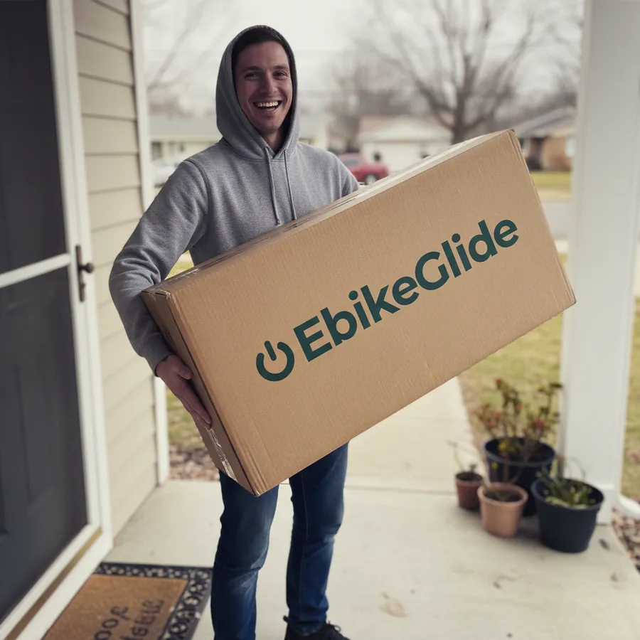 Delivery person holding an EbikeGlide box on a doorstep
